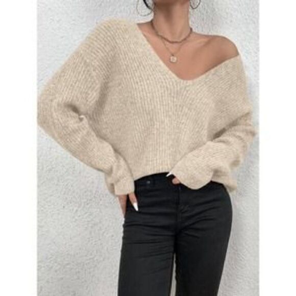 New V neck Drop Shoulder Ribbed Knit Sweater tan - Picture 1 of 9